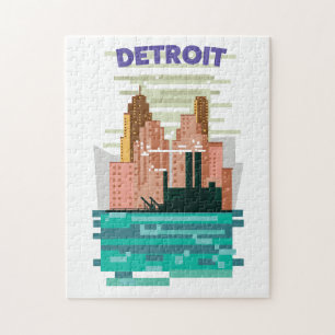 Detroit City skyline travel poster. Jigsaw Puzzle