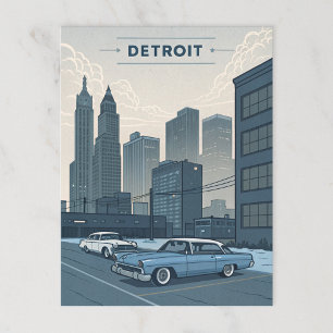 Detroit: Classic Cars and Urban Skyline Illustrati Postcard