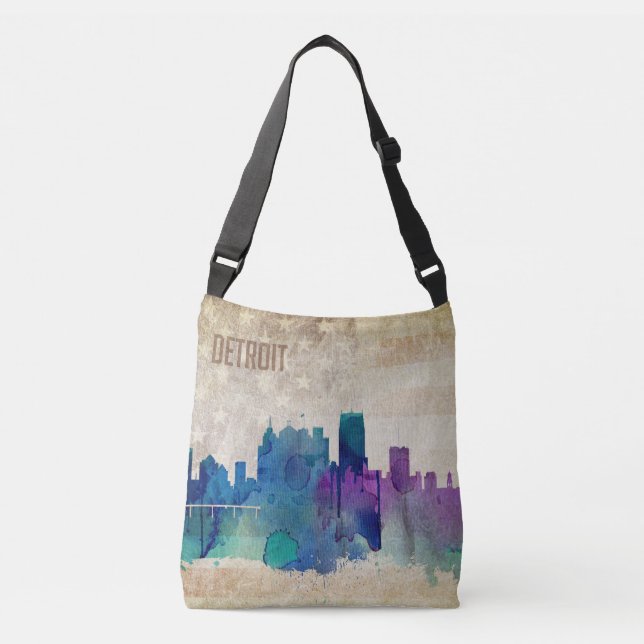 Detroit, MI | Watercolor City Skyline Crossbody Bag (Front)