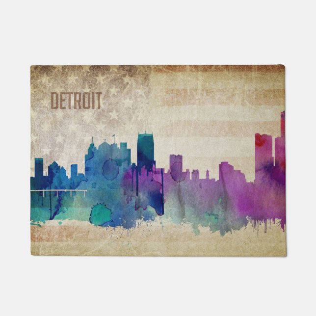 Detroit, MI | Watercolor City Skyline Doormat (Front)