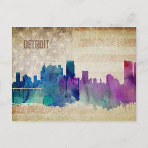 Detroit, MI   Watercolor City Skyline Postcard