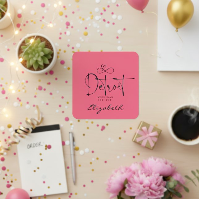Detroit Michigan Est 1701 "Your Name" Pink Square Sticker (Detroit Michigan Est 1701 "Your Name" Pink Square Sticker)
