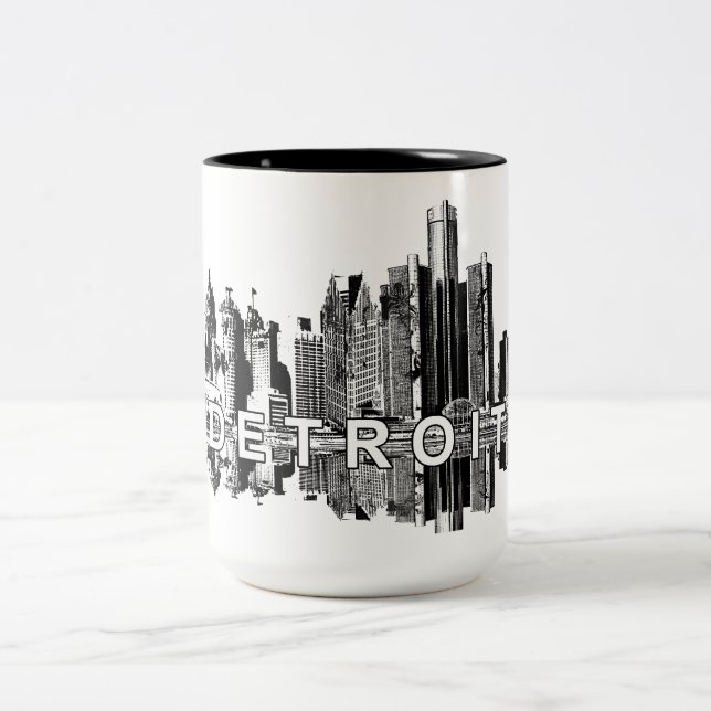 Detroit, Michigan in black ink Two-Tone Coffee Mug (Center)