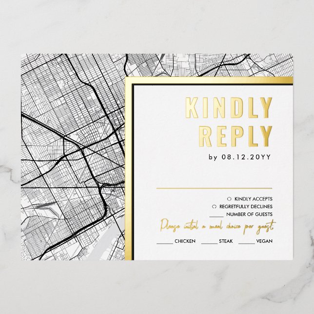 Detroit, Michigan Love Locator | RSVP Reply Foil Invitation Postcard (Front)