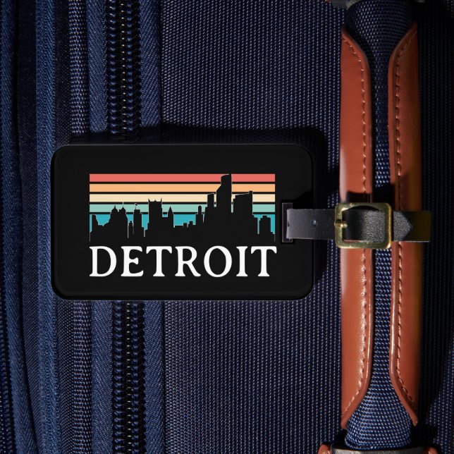 Detroit Michigan Retro Vintage Sunset Skyline Luggage Tag (Front Insitu 4)