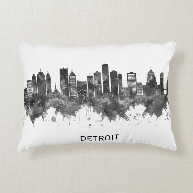 Detroit Michigan Skyline BW Decorative Cushion (Front)