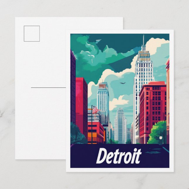 Detroit Michigan Vintage Travel Illustration Postcard (Front/Back)