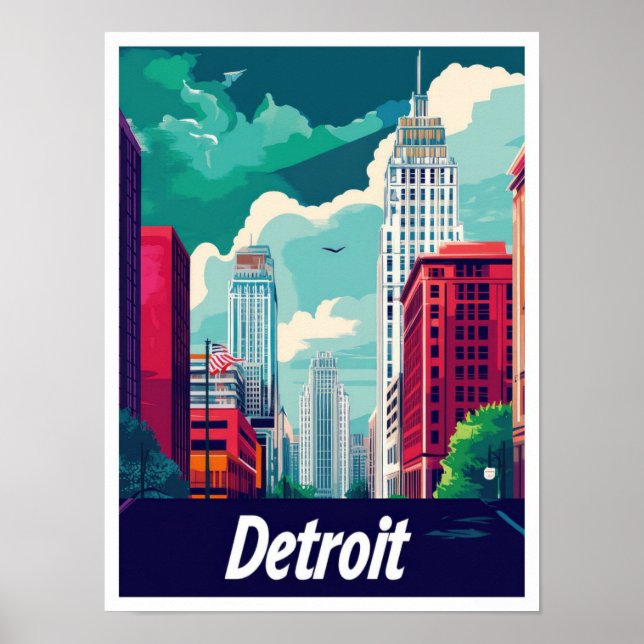 Detroit Michigan Vintage Travel Illustration Poster (Front)