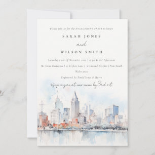 Detroit Michigan Watercolor Landscape Engagement Invitation