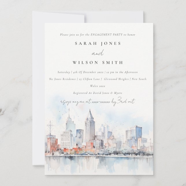 Detroit Michigan Watercolor Landscape Engagement Invitation (Front)