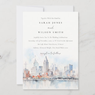 Detroit Michigan Watercolor Landscape Wedding Invitation