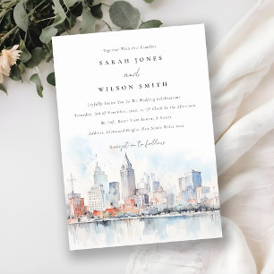 Detroit Michigan Watercolor Landscape Wedding Invitation