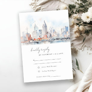 Detroit Michigan Watercolor Landscape Wedding RSVP Card
