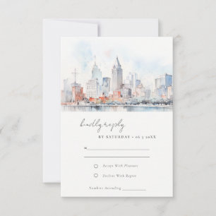 Detroit Michigan Watercolor Landscape Wedding RSVP Card