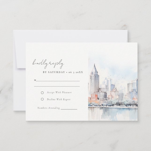 Detroit Michigan Watercolor Landscape Wedding RSVP Card (Front)