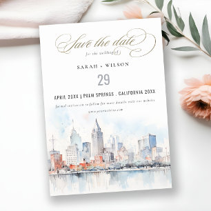 Detroit Michigan Watercolor Landscape Wedding Save The Date