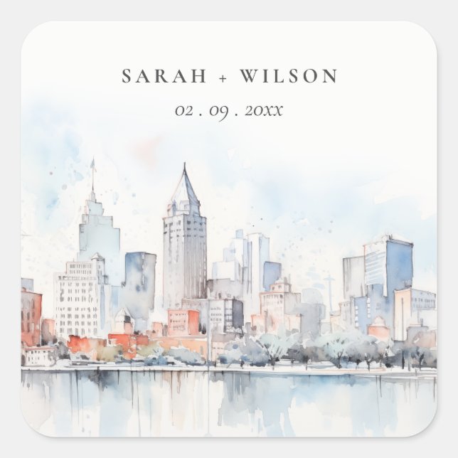 Detroit Michigan Watercolor Landscape Wedding Square Sticker (Front)