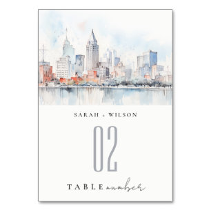 Detroit Michigan Watercolor Landscape Wedding Table Number