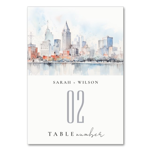 Detroit Michigan Watercolor Landscape Wedding Table Number (Front)