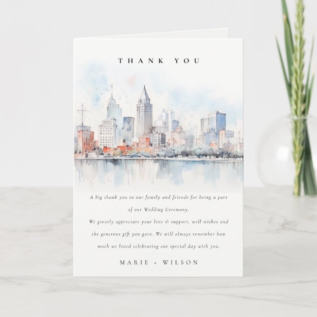 Detroit Michigan Watercolor Landscape Wedding Thank You Card (Front)