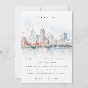 Detroit Michigan Watercolor Landscape Wedding Thank You Card