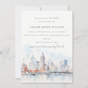 Detroit Michigan Watercolor Scape Baby Shower Invitation