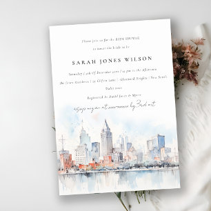 Detroit Michigan Watercolor Scape Baby Shower Invitation