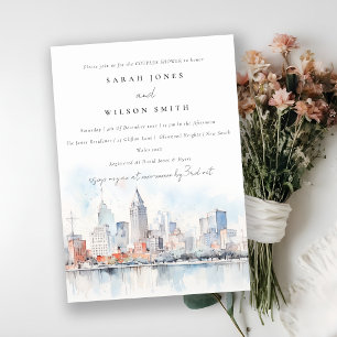 Detroit Michigan Watercolor Scape Couples Shower Invitation