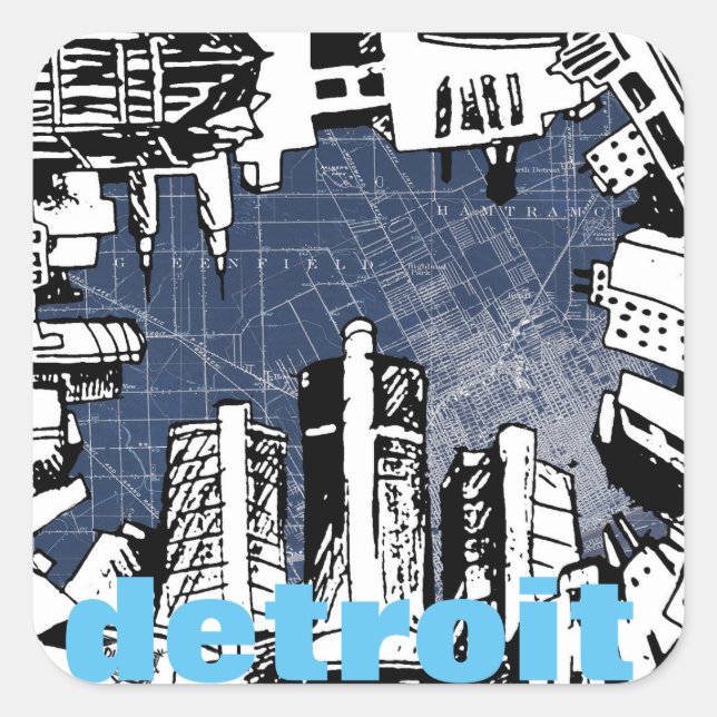 DETROIT sketch & map design square stickers (Front)