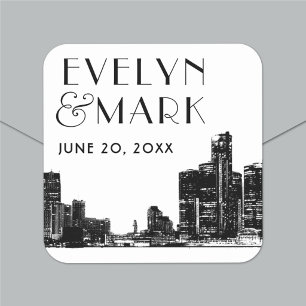 Detroit Skyline Art Deco Monogram Wedding Square Sticker