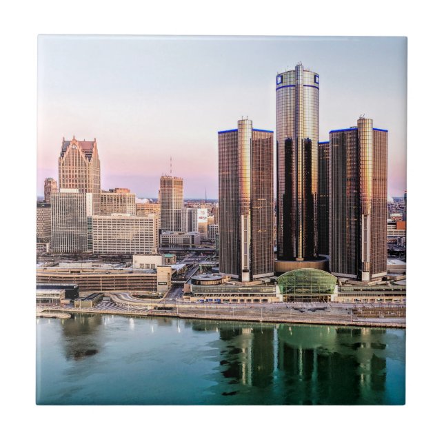 Detroit Skyline at Dawn Tile Coaster (Front)