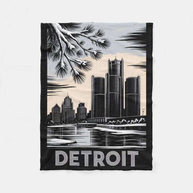 Detroit Skyline Black and White Woodcut Winter Fleece Blanket (Front)