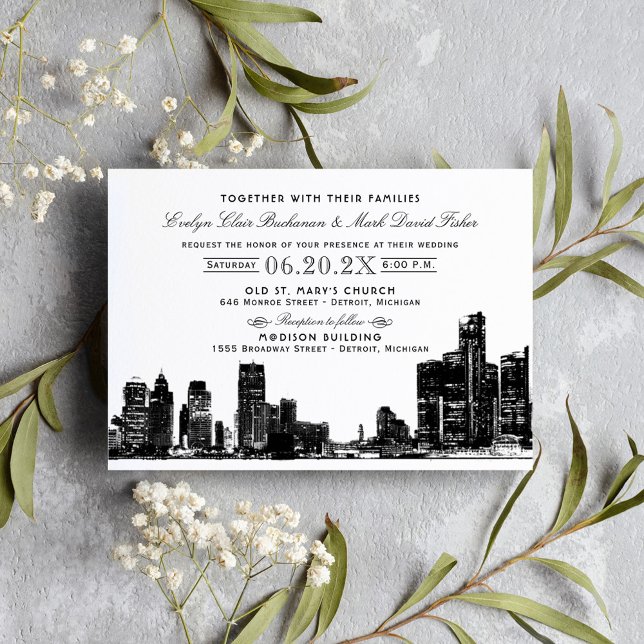 Detroit Skyline Black Art Deco Wedding Invitation (Creator Uploaded)