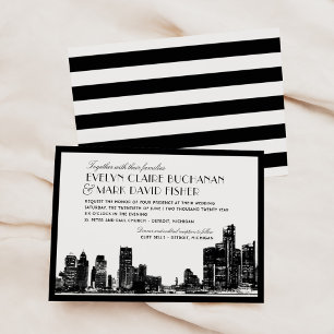 Detroit Skyline Black Art Deco Wedding Invitation