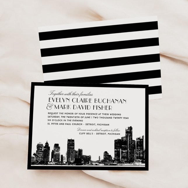 Detroit Skyline Black Art Deco Wedding Invitation (Creator Uploaded)