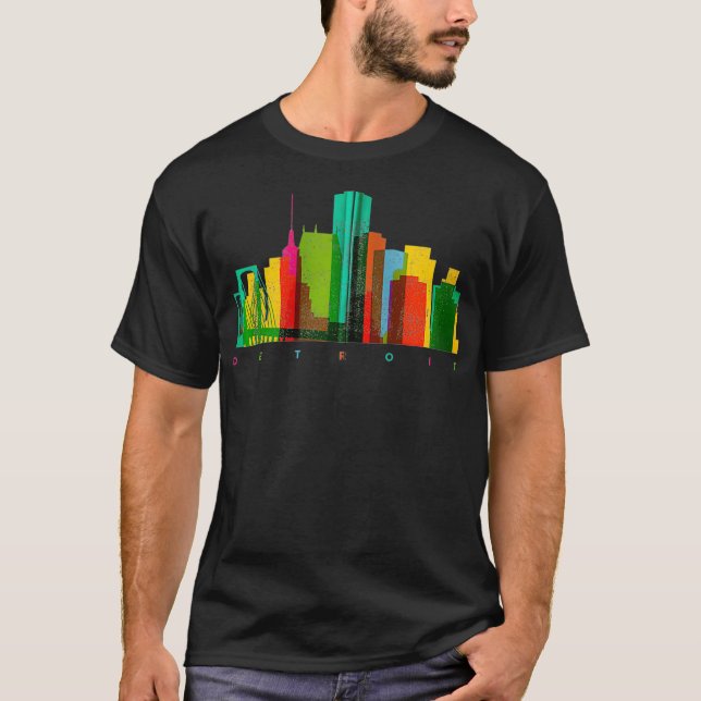 Detroit Skyline Colorful Michigan Motor City Vinta T-Shirt (Front)