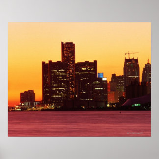 Detroit skyline in colourful sunset poster
