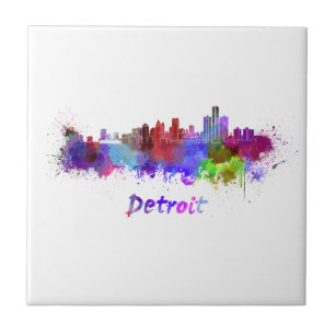 Detroit skyline in watercolor tile