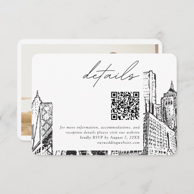 Detroit Skyline Small Wedding Details QR Code RSVP Enclosure Card (Front/Back)