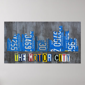 Detroit The Motor City Skyline License Plate Art Poster