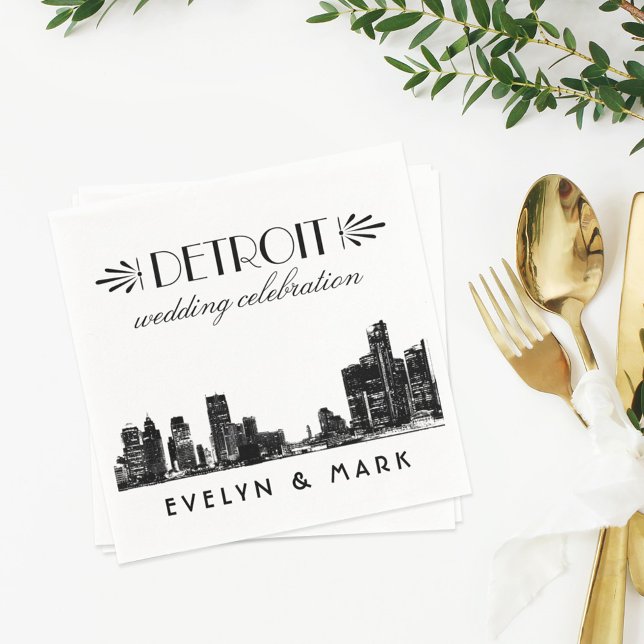 Detroit Wedding Celebration Black City Skyline Napkin (Creator Uploaded)
