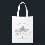 Detroit Wedding | Stylised Skyline Reusable Grocery Bag<br><div class="desc">A unique wedding bag for a wedding taking place in the beautiful city of Detroit.  This bag features a stylised illustration of the city's unique skyline with its name underneath.  This is followed by your wedding day information in a matching open lined style.</div>