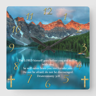 Deuteronomy 31:8 beautiful moutain lake view square wall clock