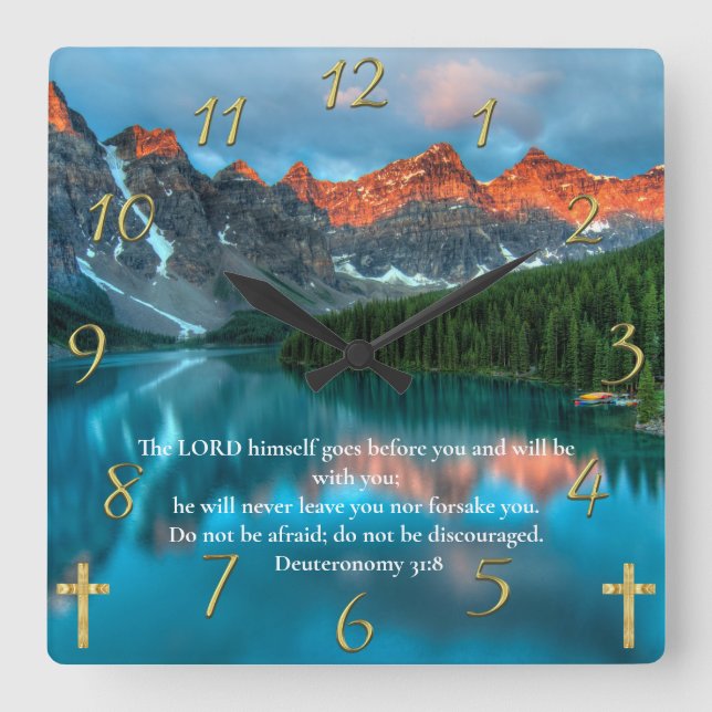 Deuteronomy 31:8 beautiful moutain lake view    square wall clock (Front)