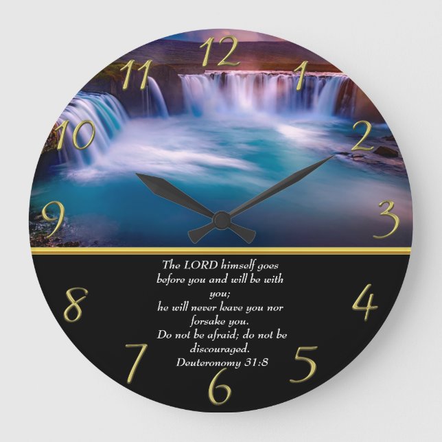  Deuteronomy 31:8 Christian Faith a waterfall  Large Clock (Front)