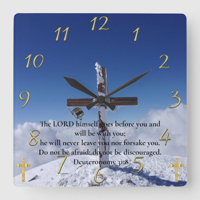  Deuteronomy 31:8 moutain peak cross  Square Wall Clock (Front)