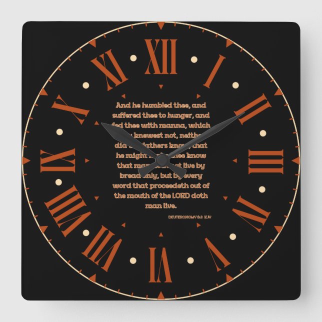 Deuteronomy 8:3 KJV Bible Verse Roman Numeral Square Wall Clock (Front)