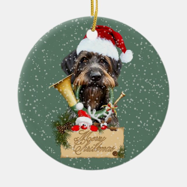 Deutsch Drahthaar, Merry Christmas! Magnet Button  Ceramic Tree Decoration (Front)