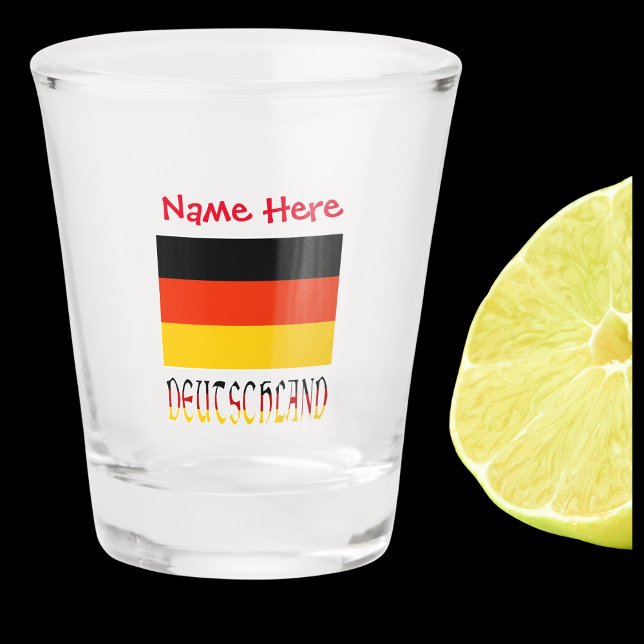 Deutschland German Flag Red Personalisation  Shot Glass (German Flag on shot glass with the word DEUTSCHLAND below in colors of flag. Name in red above.)