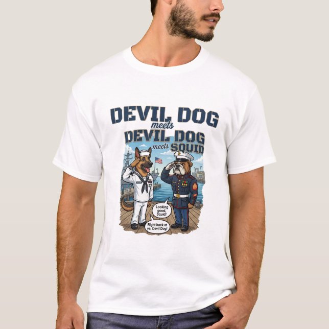 Devil Dog Meets Squid USMC Navy Rivalry Funny Men' T-Shirt (Front)